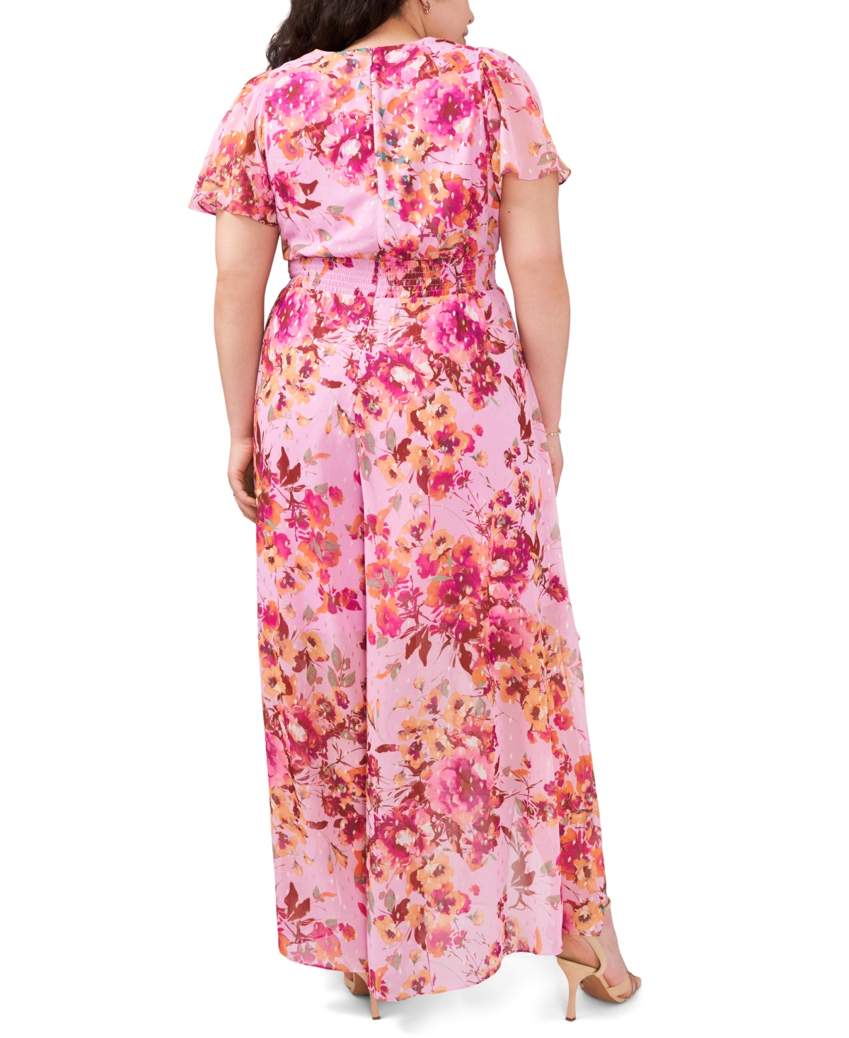 Shop Msk Plus Size V-neck Floral-print Chiffon Jumpsuit In Pink,orange,purple