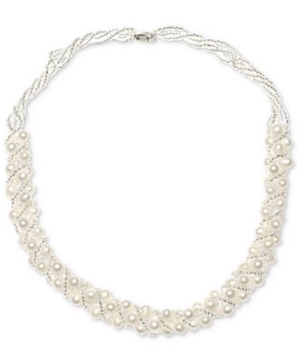 Cultured Freshwater Pearl Woven Necklace (4mm) & Stud Earrings (6mm) Set in Sterling Silver