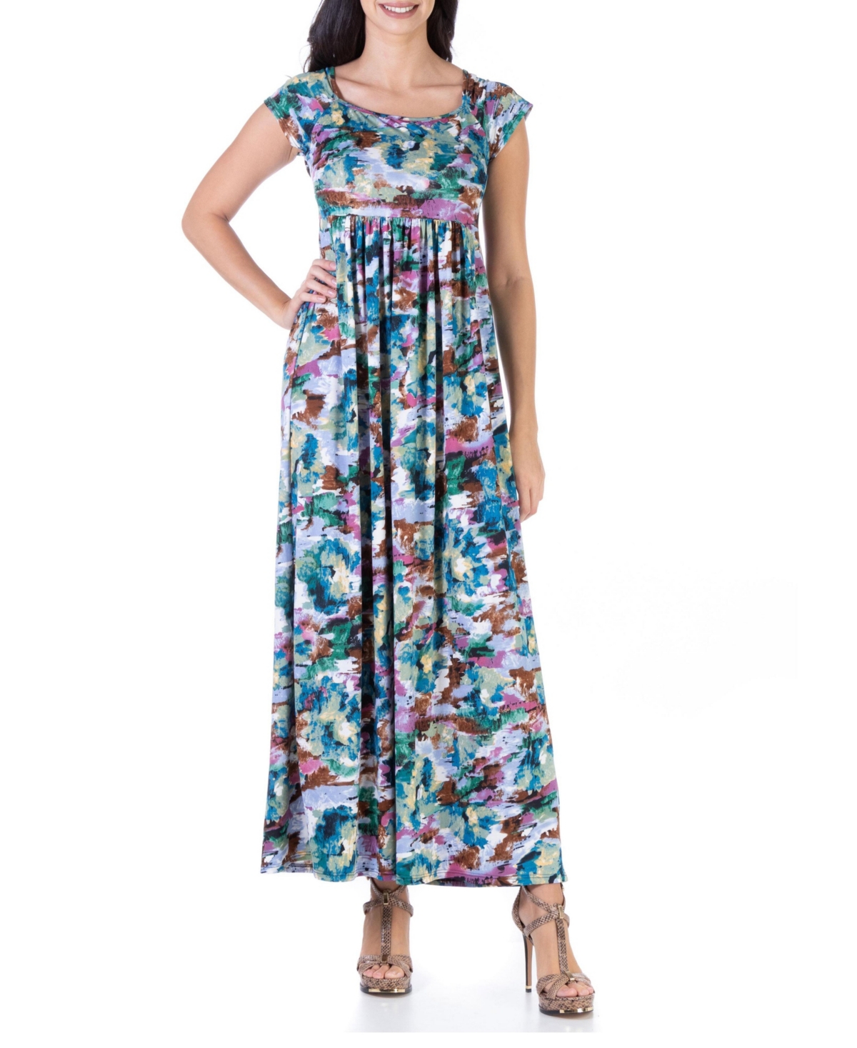 24seven Comfort Apparel Womens Cap Sleeve Pleated Flowy Empire Waist Maxi Dress In Multi Modesens 