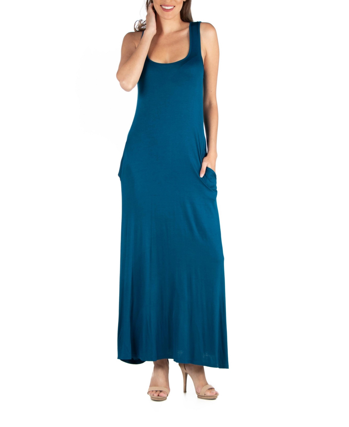 Women's Scoop Neck Sleeveless Maxi Dress with Pockets - Teal