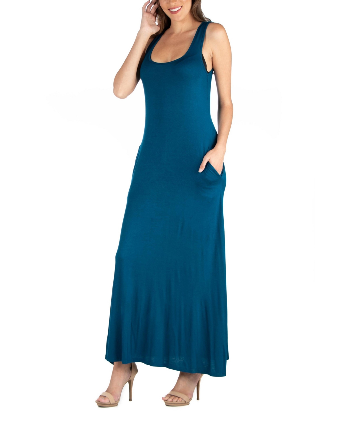 24seven Comfort Apparel Women's Scoop Neck Sleeveless Maxi Dress with Pockets
