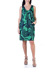 Women's Leaf Print Sleeveless Loose Fit Casual Pocket Dress