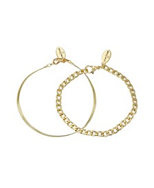 14K Gold Flash Plated Snake and Herringbone Bracelet Duo Set, 2 Pieces