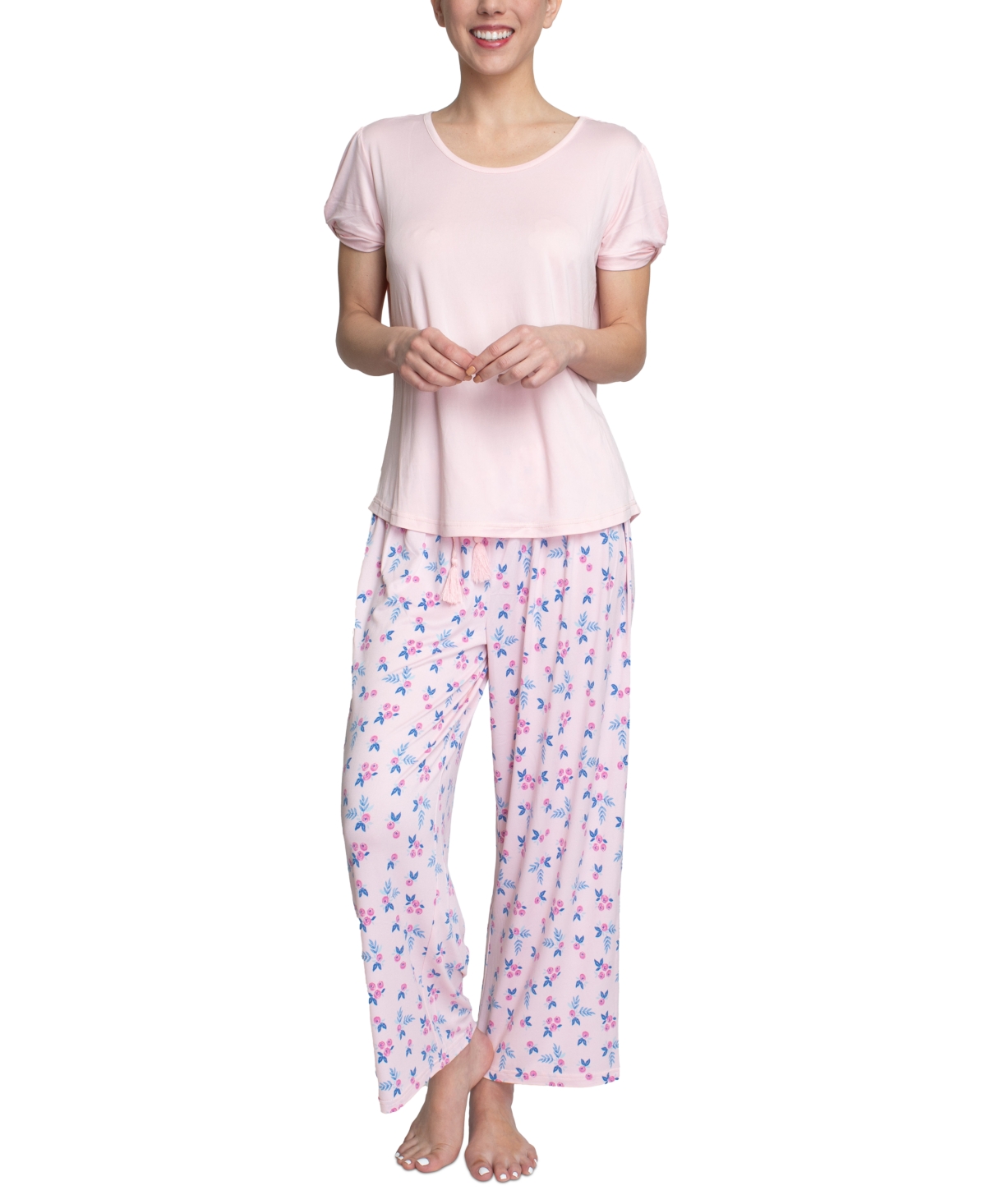 Muk Luks Plus Size Embellished Sleeve & Printed Pajama Pants Set In Pink Tossed Floral