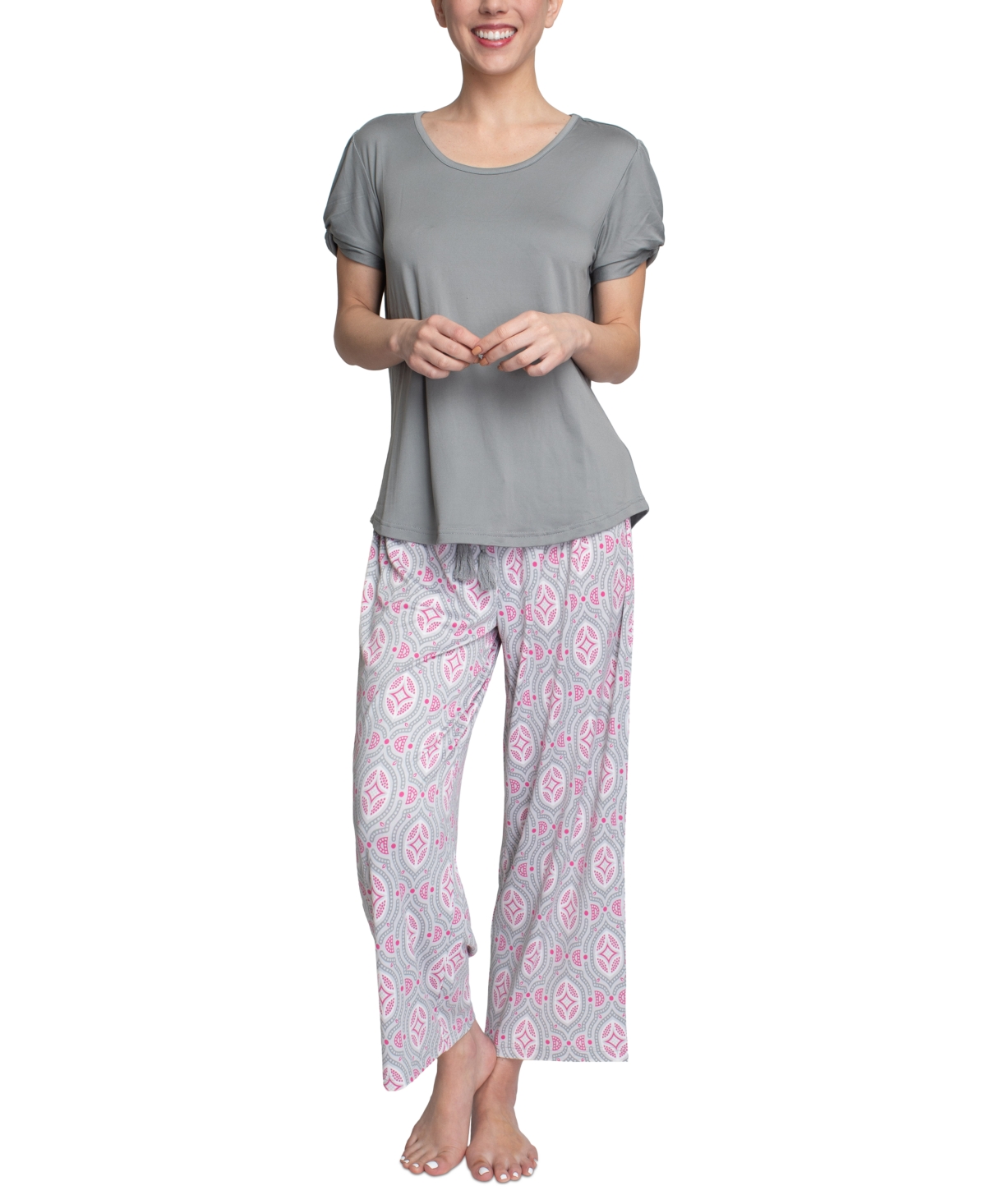 MUK LUKS Ribbed Knit Puff Sleeve & Straight Pant Pajama Set 