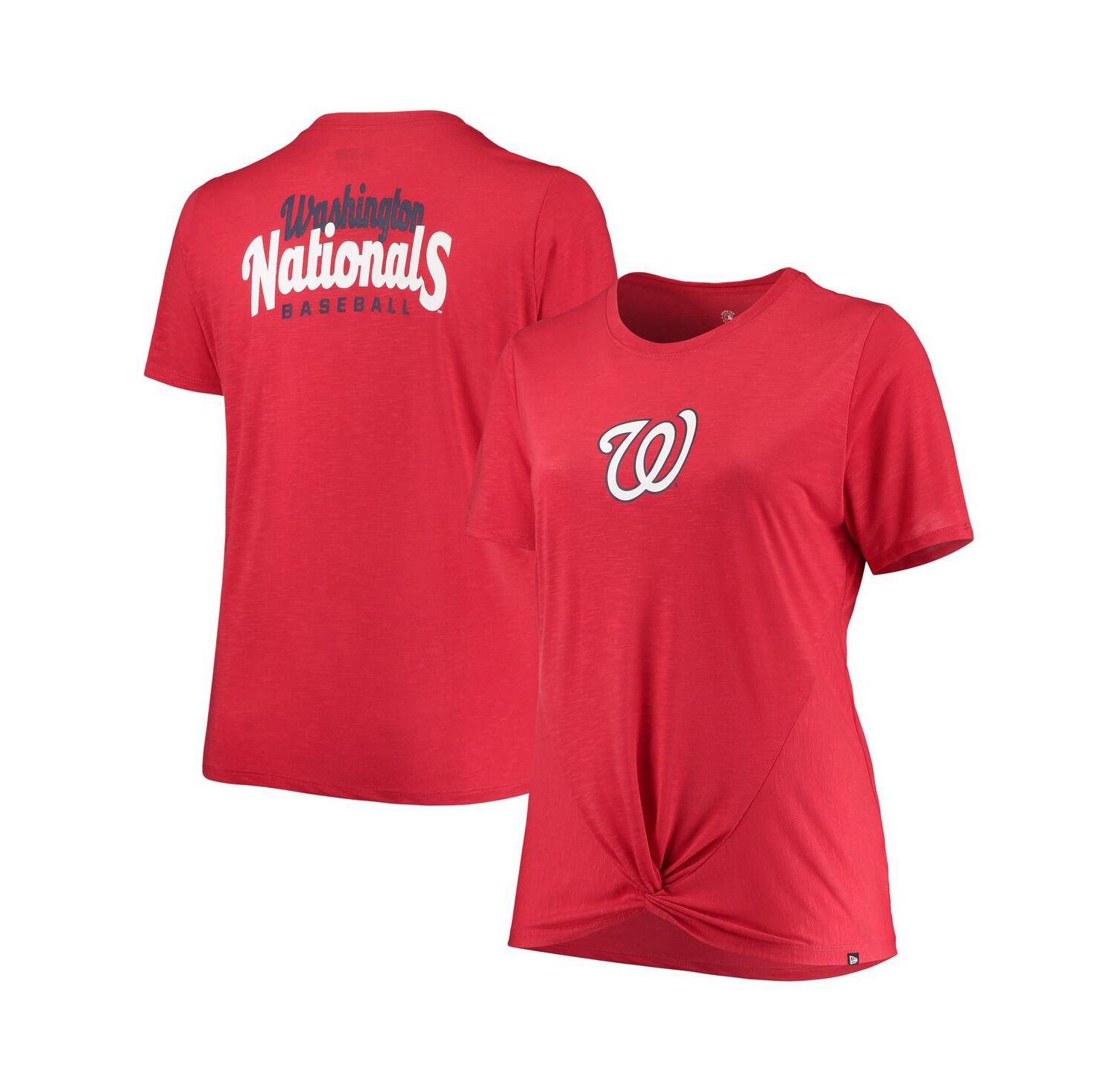 Women's Red Washington Nationals Plus Size 2-Hit Front Knot T-shirt