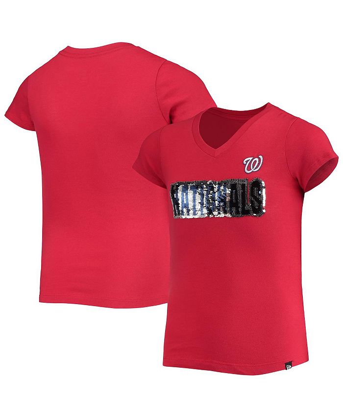 Women's Washington Nationals Red Oversized Spirit Jersey V-Neck T-Shirt