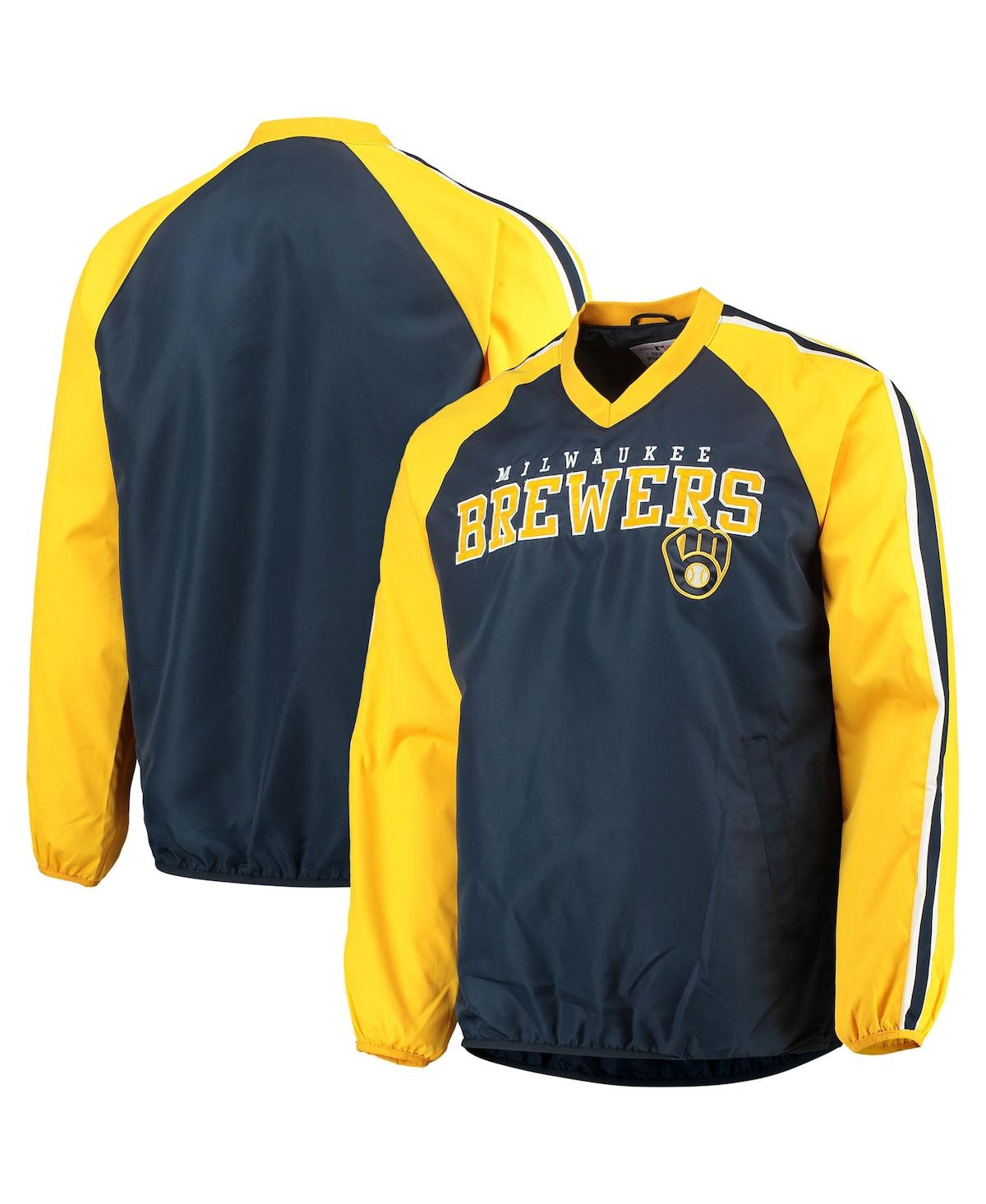 Shop G-iii Sports By Carl Banks Men's  Navy, Gold Milwaukee Brewers Kickoff Raglan V-neck Pullover Jacket In Navy,gold