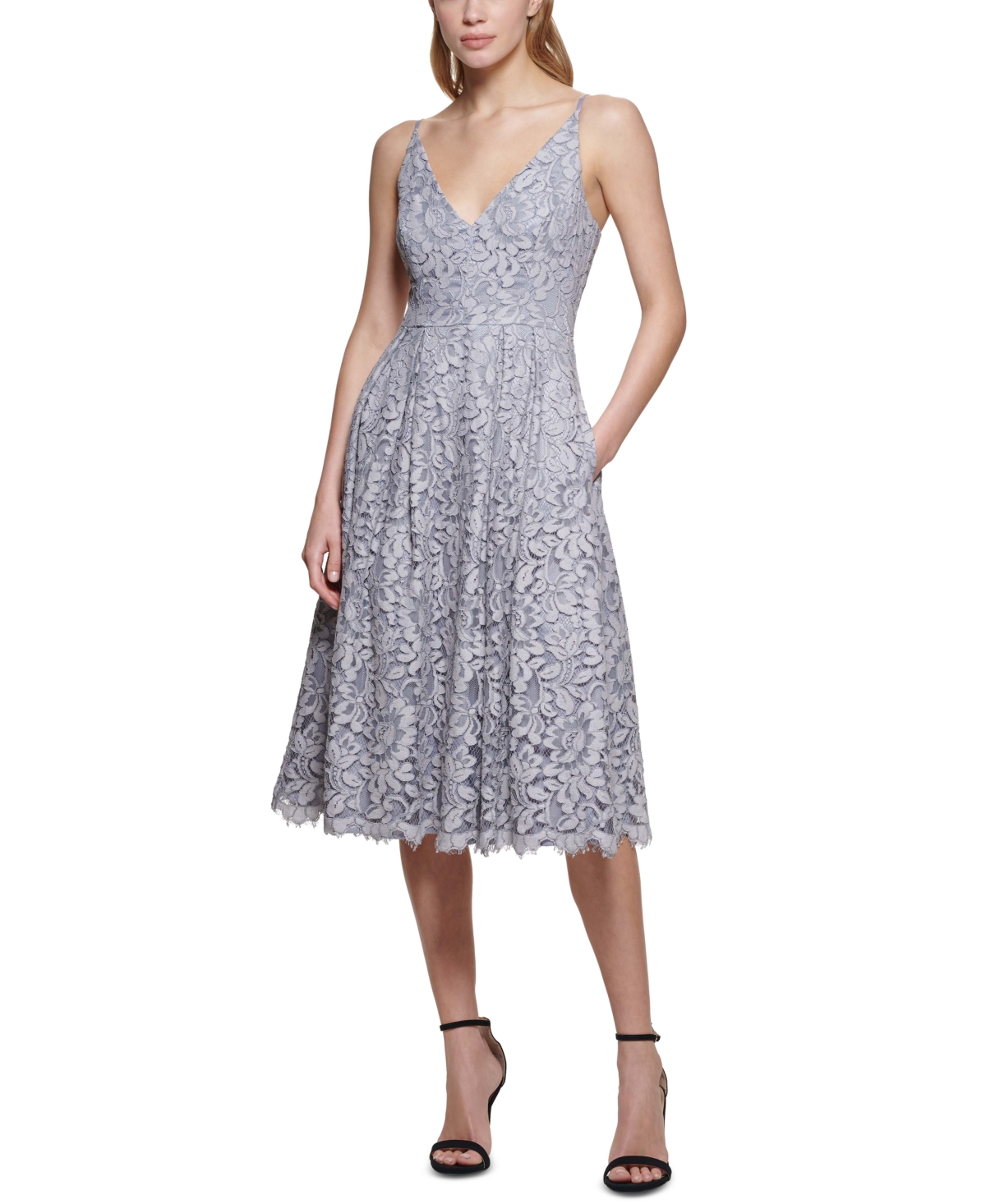 Eliza J V-neck Lace Fit & Flare Dress In Silver | ModeSens