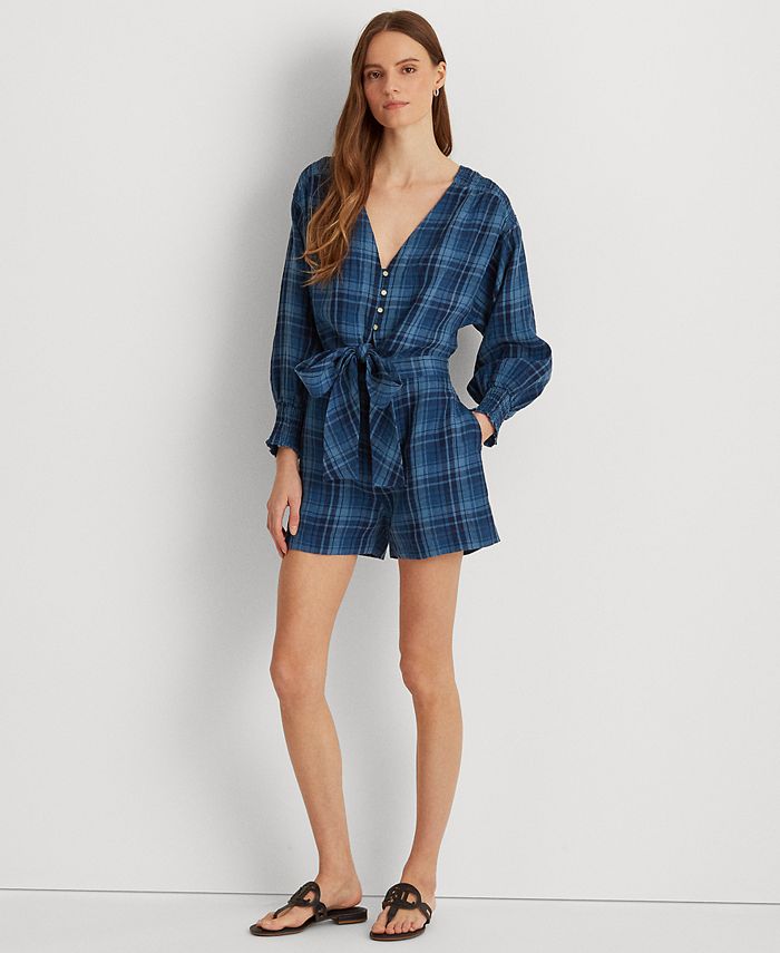 Lauren Ralph Lauren Plaid Tissue Linen Romper Macy s