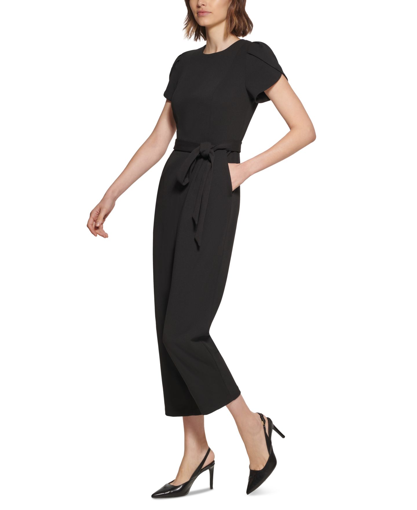 Женский комбинезон Calvin Klein Tie-Waist Tulip-Sleeve Jumpsuit, цвет: Чёрный — фото 6