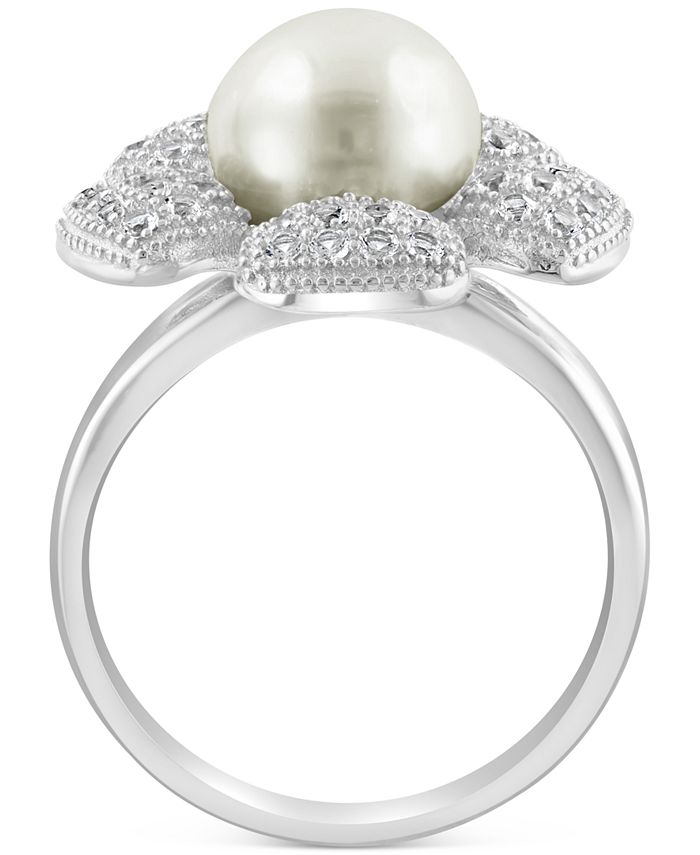 EFFY® Cultured Freshwater Pearl (10mm) & White Topaz (1/2 ct. t.w.) Flower  Ring in Sterling Silver