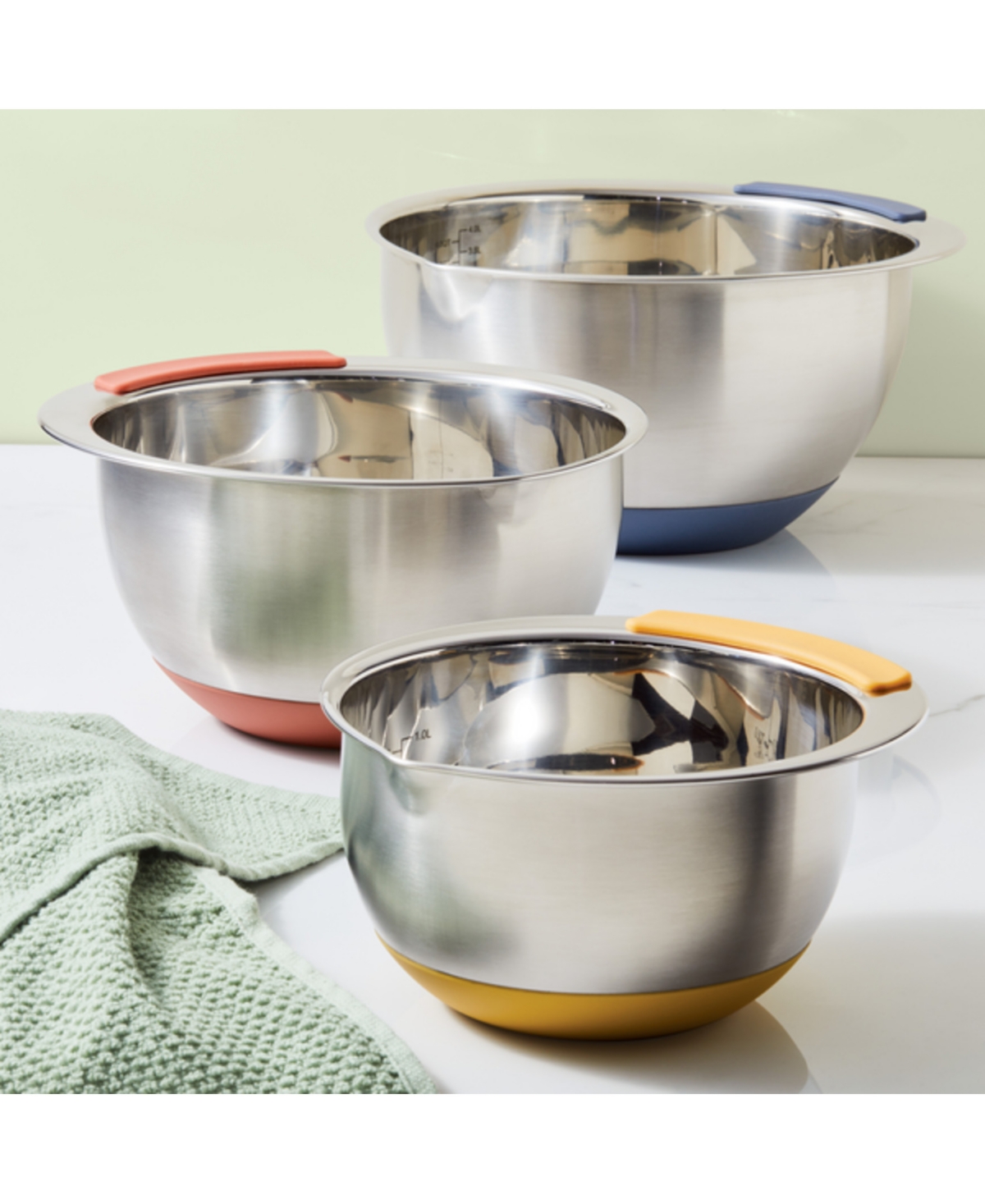 Ayesha Curry Pantryware 3-Pc. Stainless Steel Nesting Mixing Bowls Set - Stainless Steel With Color Accent Handle