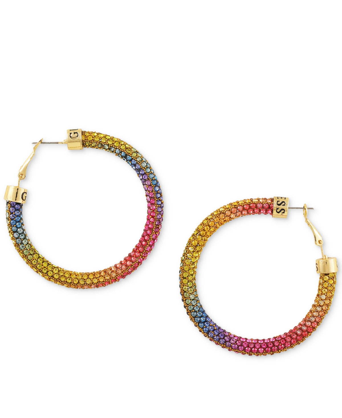 Gold-Tone Pave Crystal Ombre Rainbow Sparkle Hoop Earrings, 2" - Gold