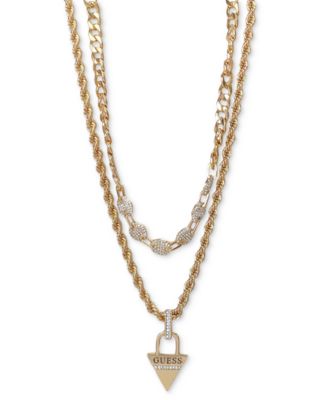 GUESS - Gold-Tone Pav&eacute; Triangle Padlock Mixed Chain Layered Pendant Necklace, 14" + 2" extender