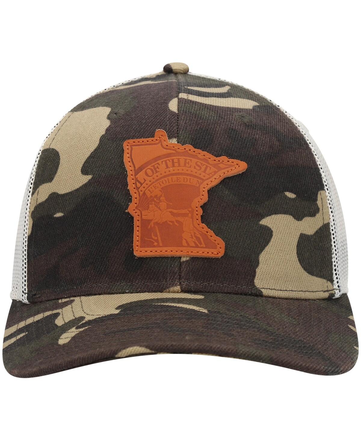 Shop Local Crowns Men's  Camo Minnesota Icon Woodland State Patch Trucker Snapback Hat