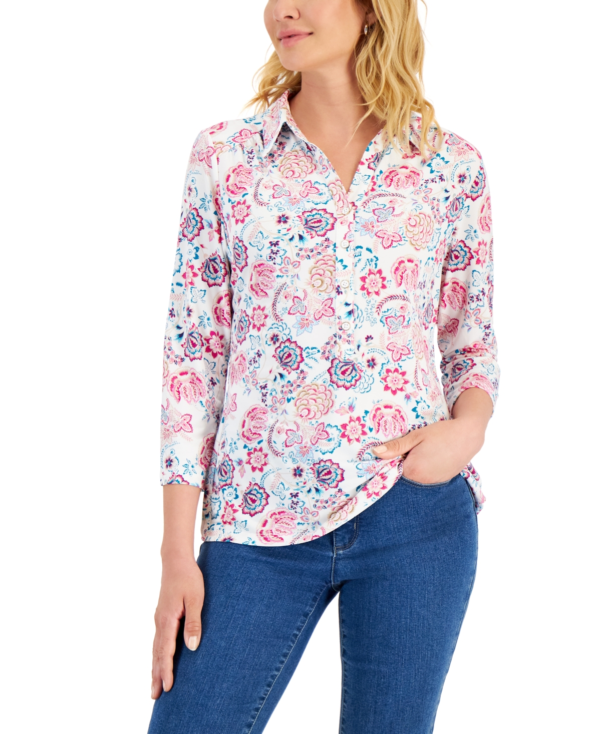 Charter Club Women's Cottage Floral Printed Polo, Created for Macy's