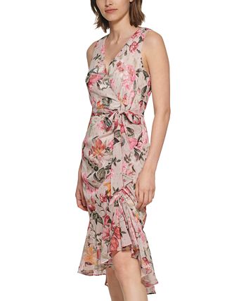 Eliza j floral ruched chiffon faux wrap on sale dress