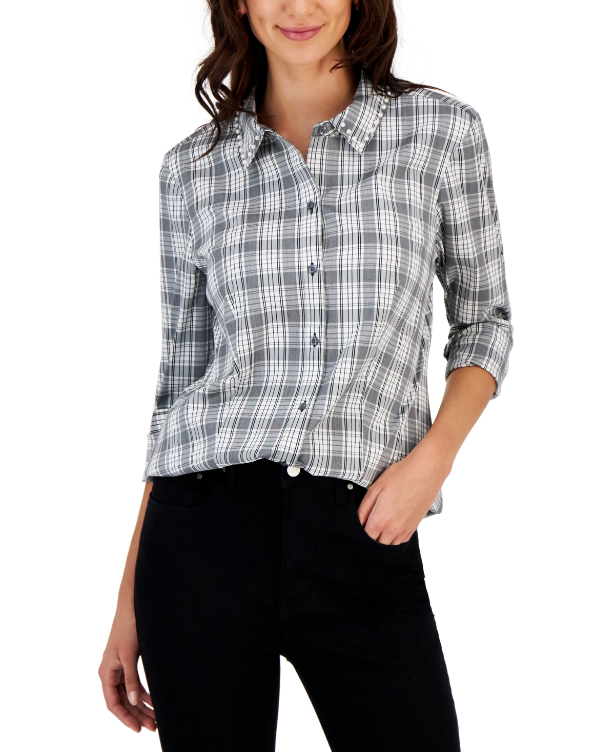 Charter Club Women's Embellished Plaid Long Sleeve Top, Created for Macy's