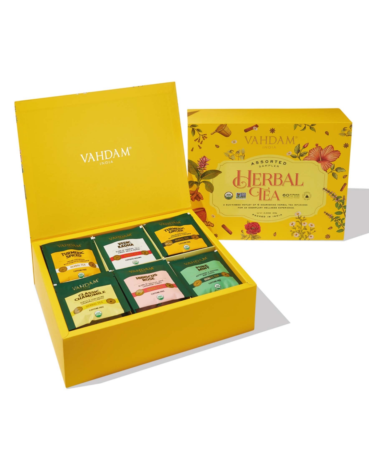 Vahdam Teas Herbal Tea Variety Sampler Gift Set, 60 Long Leaf Pyramid Tea Bags