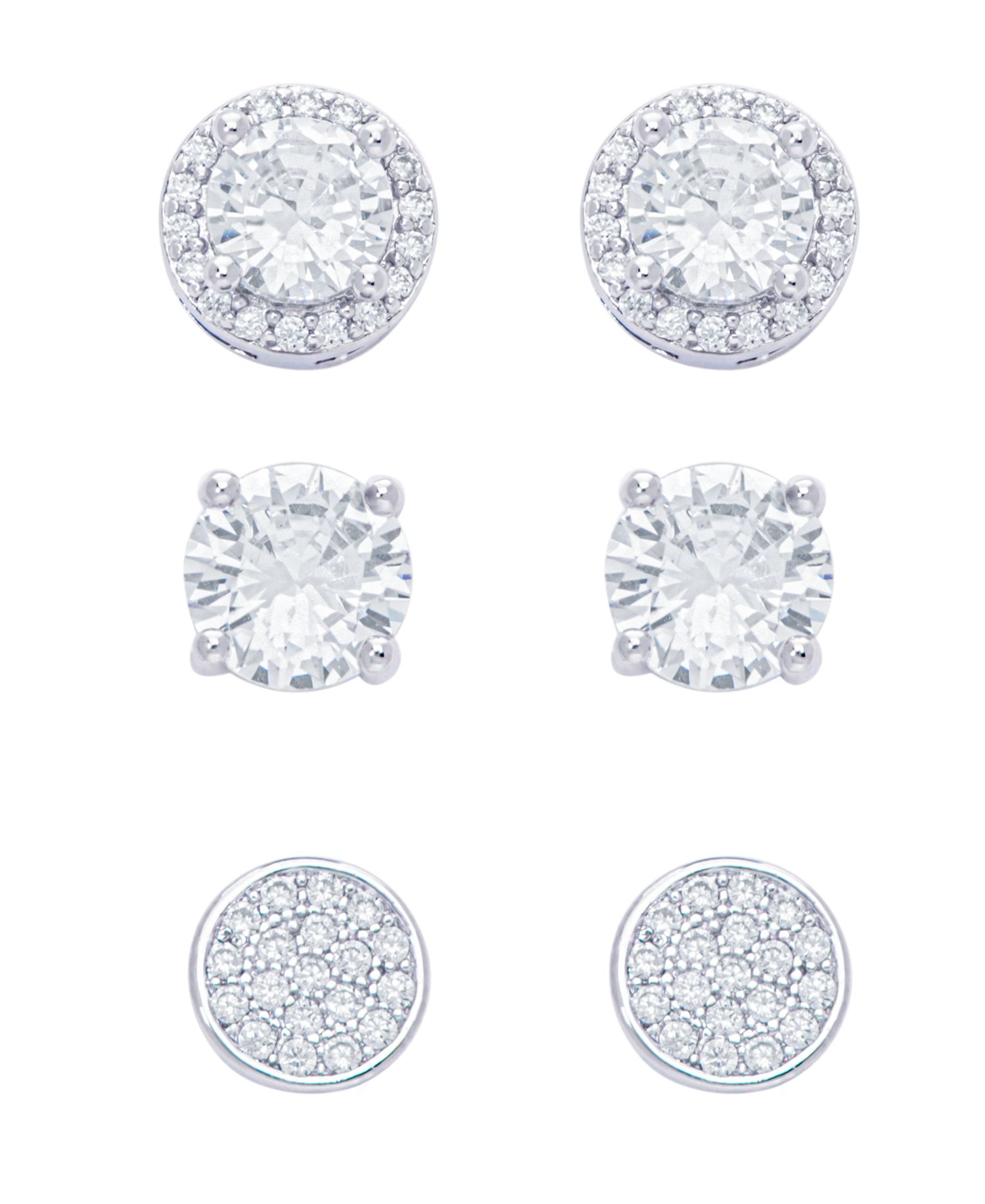 Women's Fine Silver Plated Round, Halo, Cubic Zirconia Stud Earrings Set, 6 Pieces