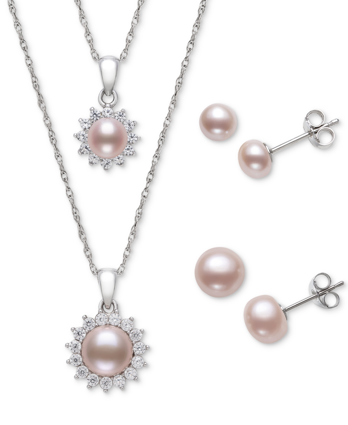 Belle De Mer 4-pc. Set White Cultured Freshwater Pearl & Cubic Zirconia Mommy & Me Pendant Necklaces In Pink