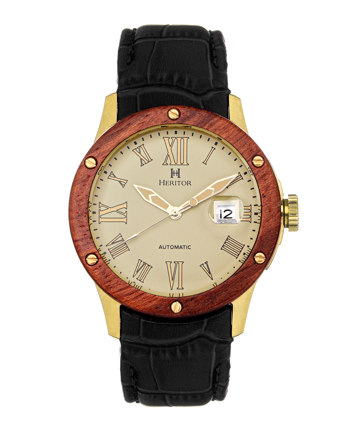 Automatic Everest Wooden Bezel Black or Blue Genuine Leather Band Watch, 47mm - Gold-Tone, Cream