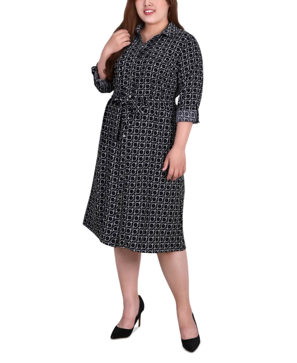 Ny Collection Plus Size Printed Shirt Dress In Black Grid View