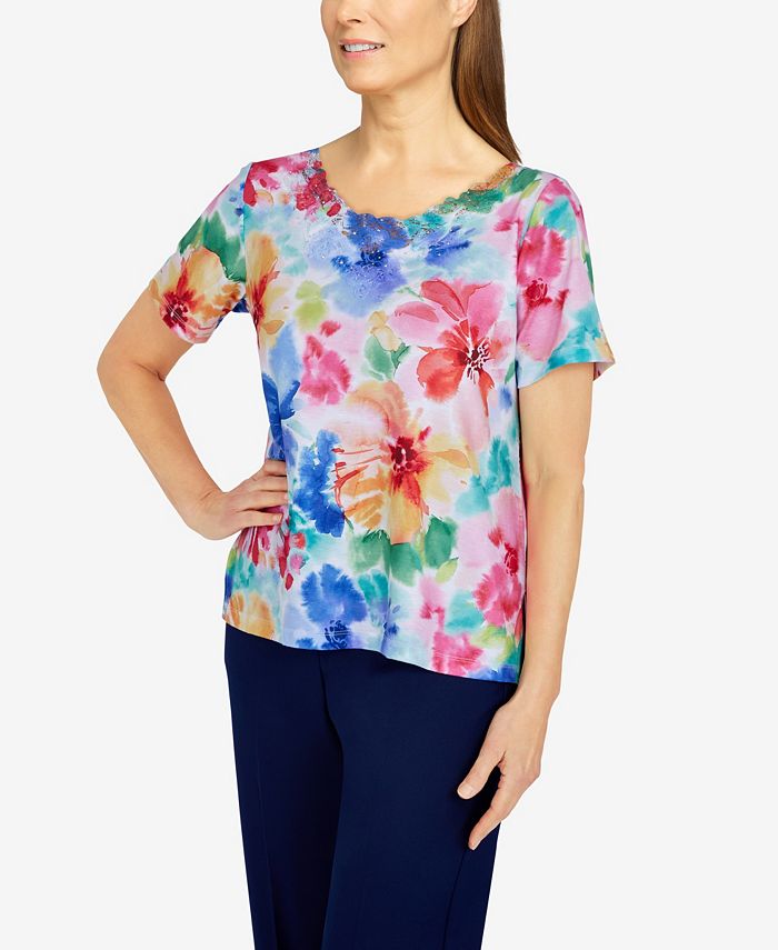 Alfred Dunner Plus Size Happy Hour Watercolor Floral Knit Top & Reviews ...