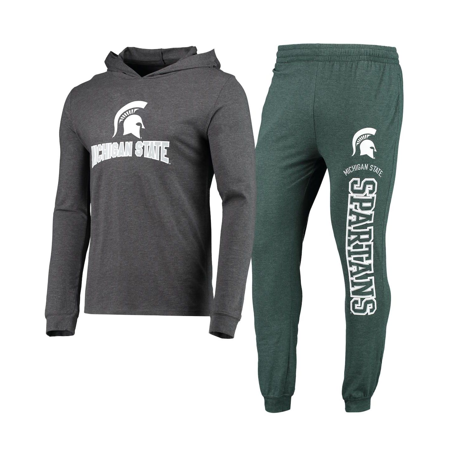Мужской комплект Concepts Sport Heathered Green, Heathered Charcoal Michigan State Spartans Meter Long Sleeve Hoodie T-shirt and Jogger Pants Set — фото 1