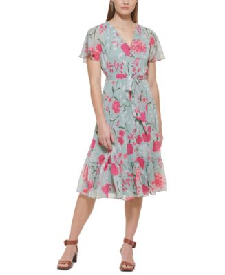 Calvin Klein Belted Floral-Print Dress - Macy's