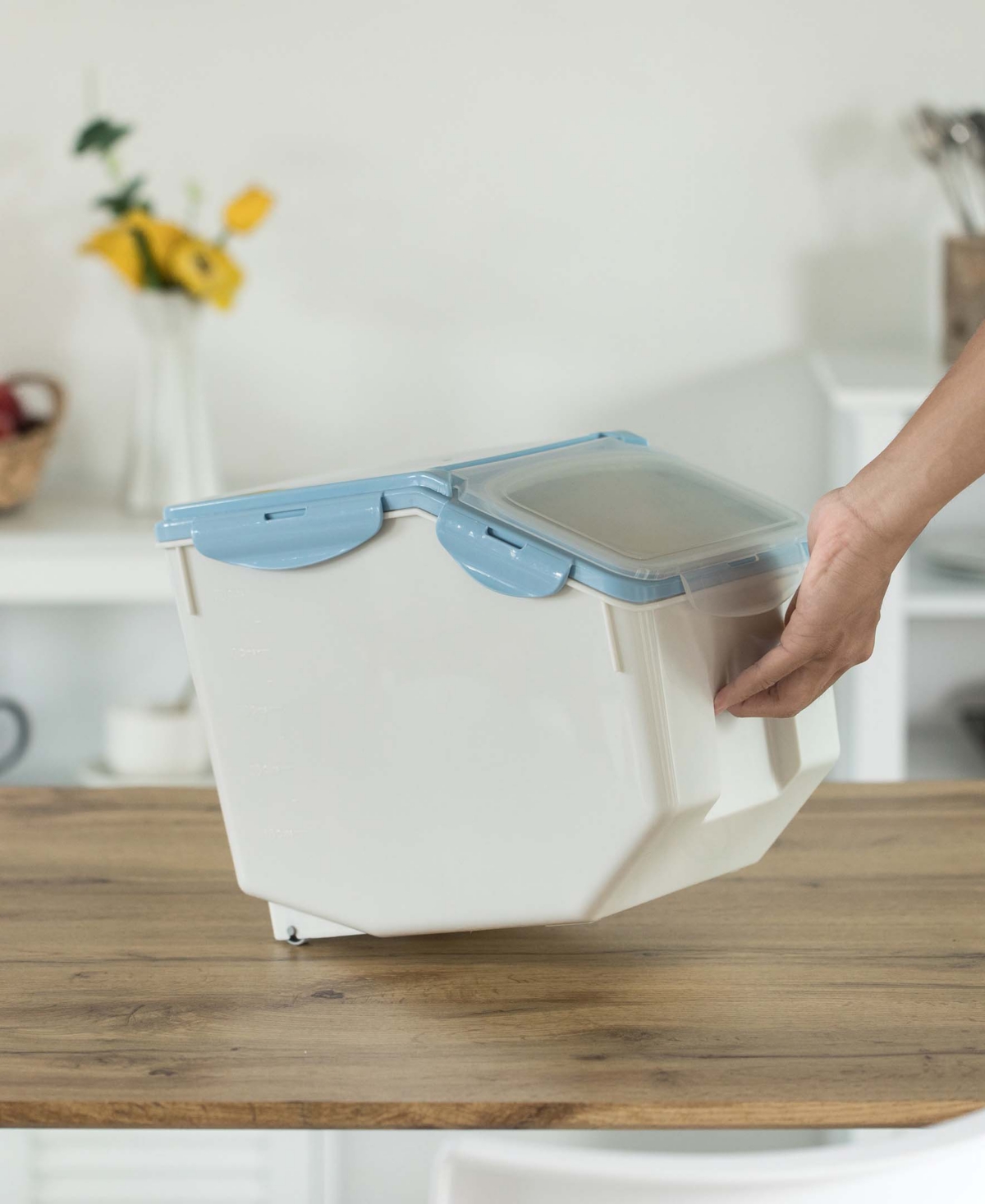 BASICWISE MEDIUM PLASTIC STORAGE FOOD HOLDER CONTAINERS WITH A MEASURING CUP AND WHEELS, SET OF 3 