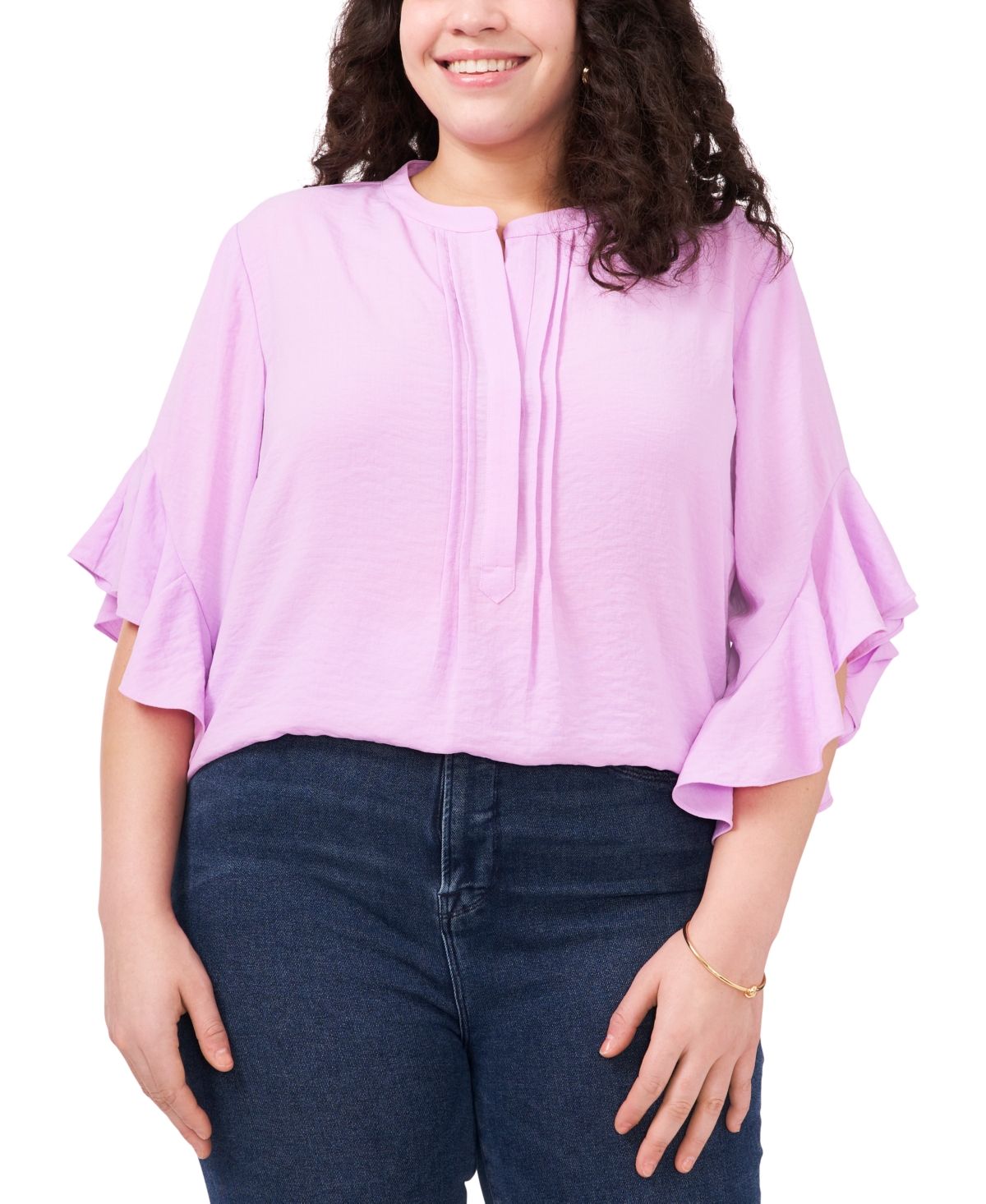VINCE CAMUTO PLUS SIZE RUFFLE SLEEVE HENLEY BLOUSE