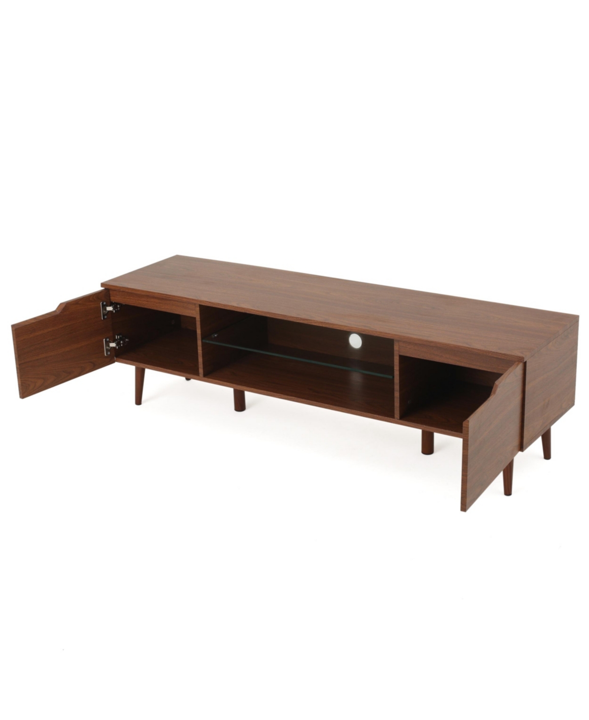 Noble House Rowan Mid-century Modern Tv Stand With Glass Shelf In Walnut