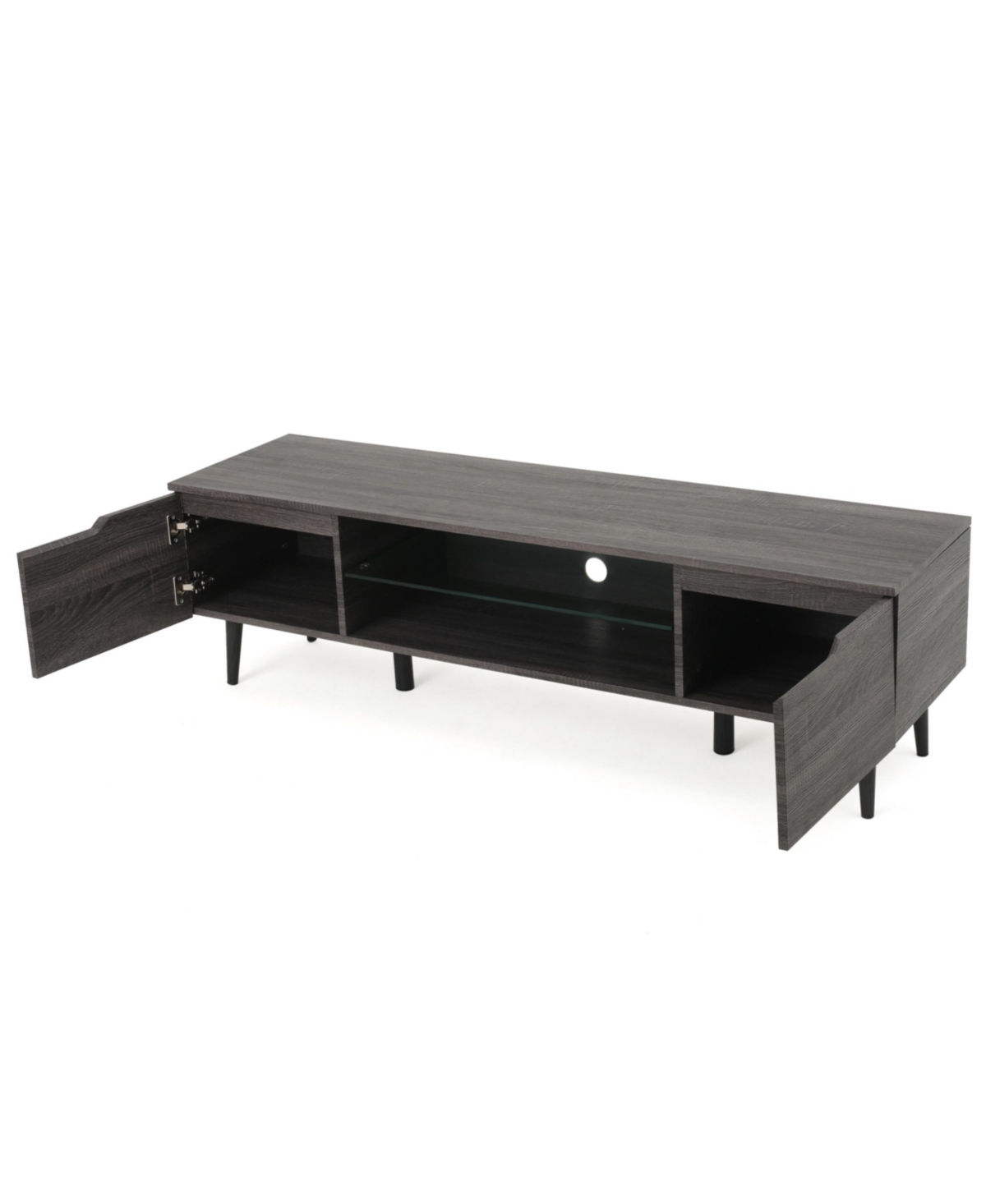 Noble House Rowan Mid-century Modern Tv Stand With Glass Shelf In Gray