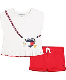 Toddler Girls Cross Body Logo Print Top and Rolled Cuff Shorts Set, 2 Piece