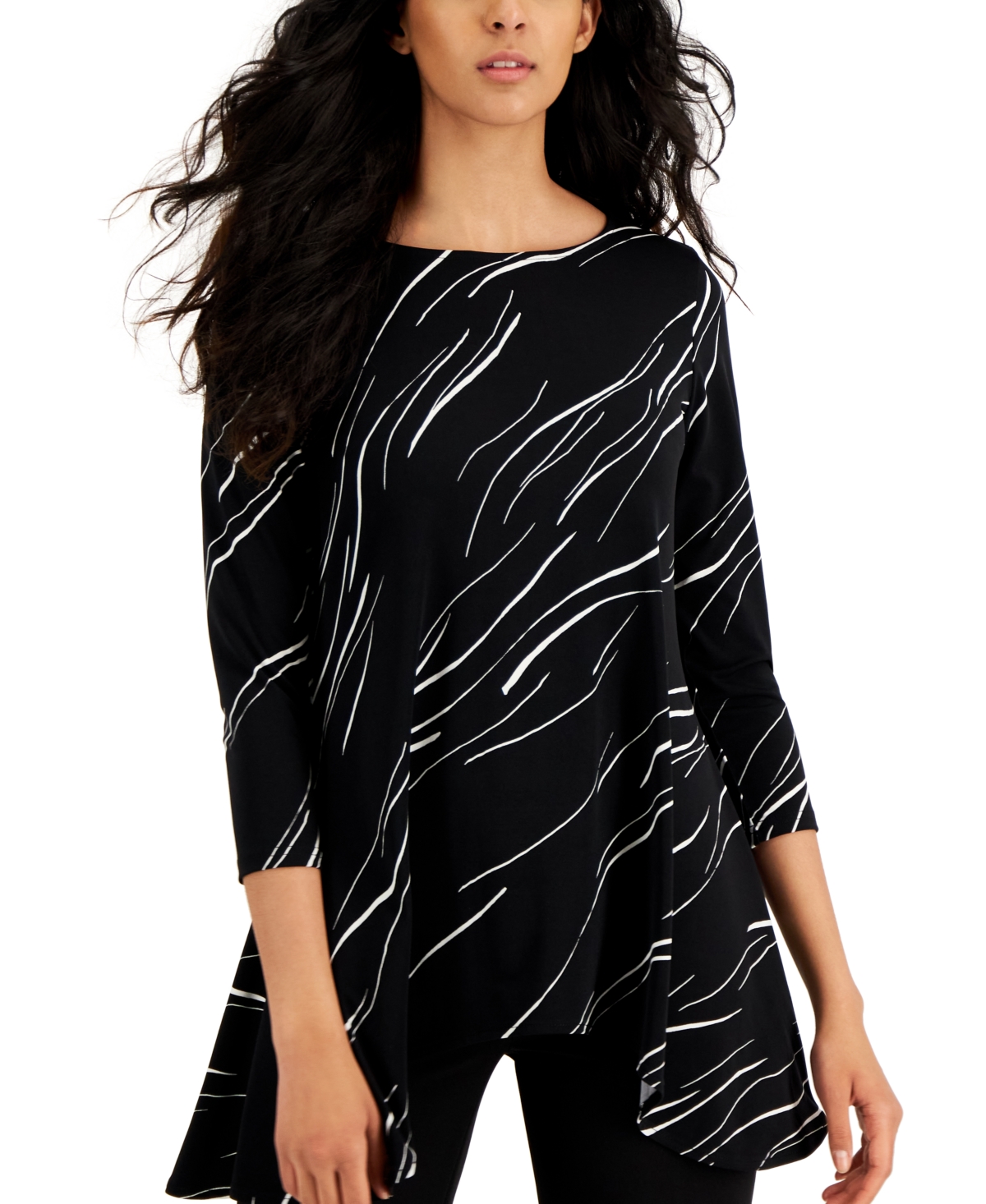  Alfani Printed Asymmetrical Swing Knit Top, Created for Macy's