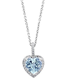 EFFY® Aquamarine (1-1/2 ct. t.w.) & Diamond (1/8 ct. t.w.) Heart Halo 18" Pendant Necklace in 14k White Gold