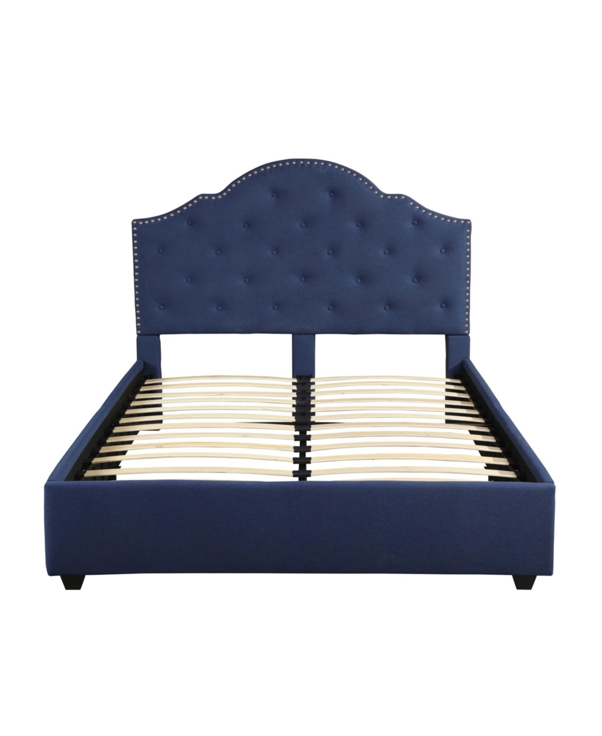 Noble House Cordeaux Contemporary Button-tufted Upholstered Bed Frame, Queen With Nailhead Accents In Navy