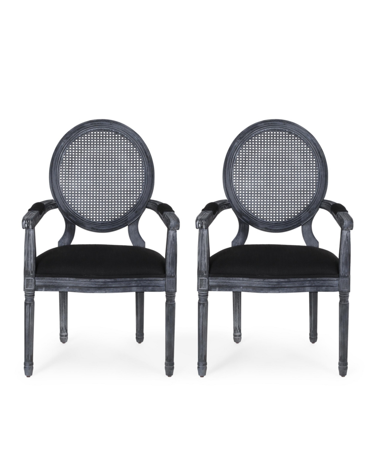 Noble House Judith French Country Wood And Cane Upholstered Dining Chair Set, 2 Piece In Black