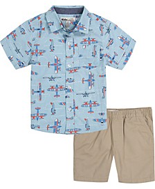 Toddler Boys 2 Piece Short Sleeve Printed Poplin Shirt and Twill Shorts Set
