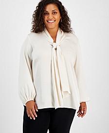Plus Size Tie Neck Long Sleeve Blouse, Created for Macy's 