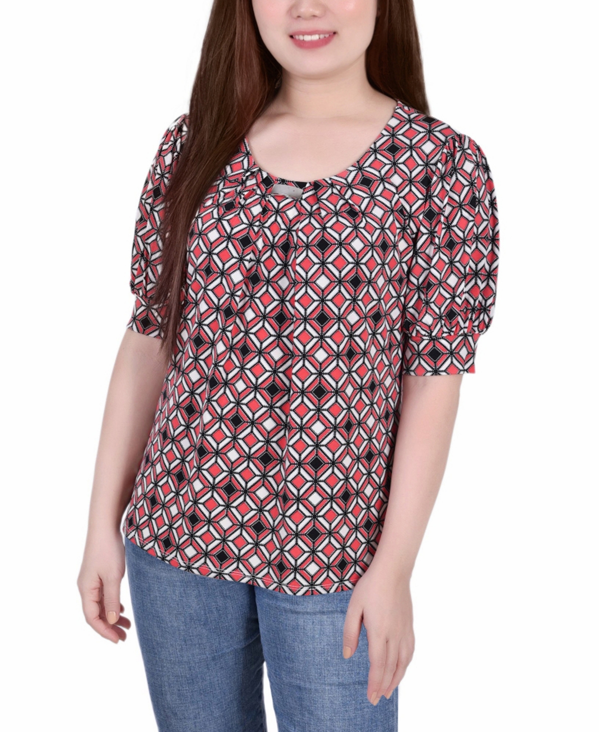 NY COLLECTION PETITE PRINTED BALLOON SLEEVE TOP
