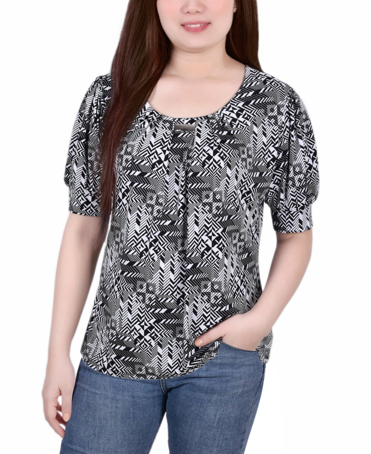 Ny Collection Petite Size Short Sleeve Balloon Sleeve Top In Black White Boxes