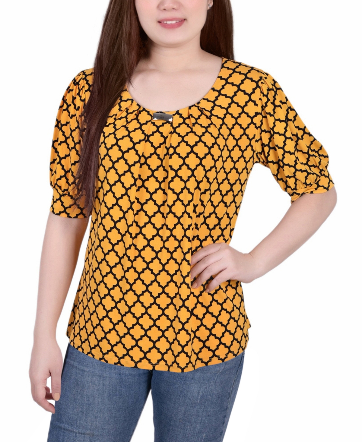 Ny Collection Petite Size Short Sleeve Balloon Sleeve Top In Golden Black
