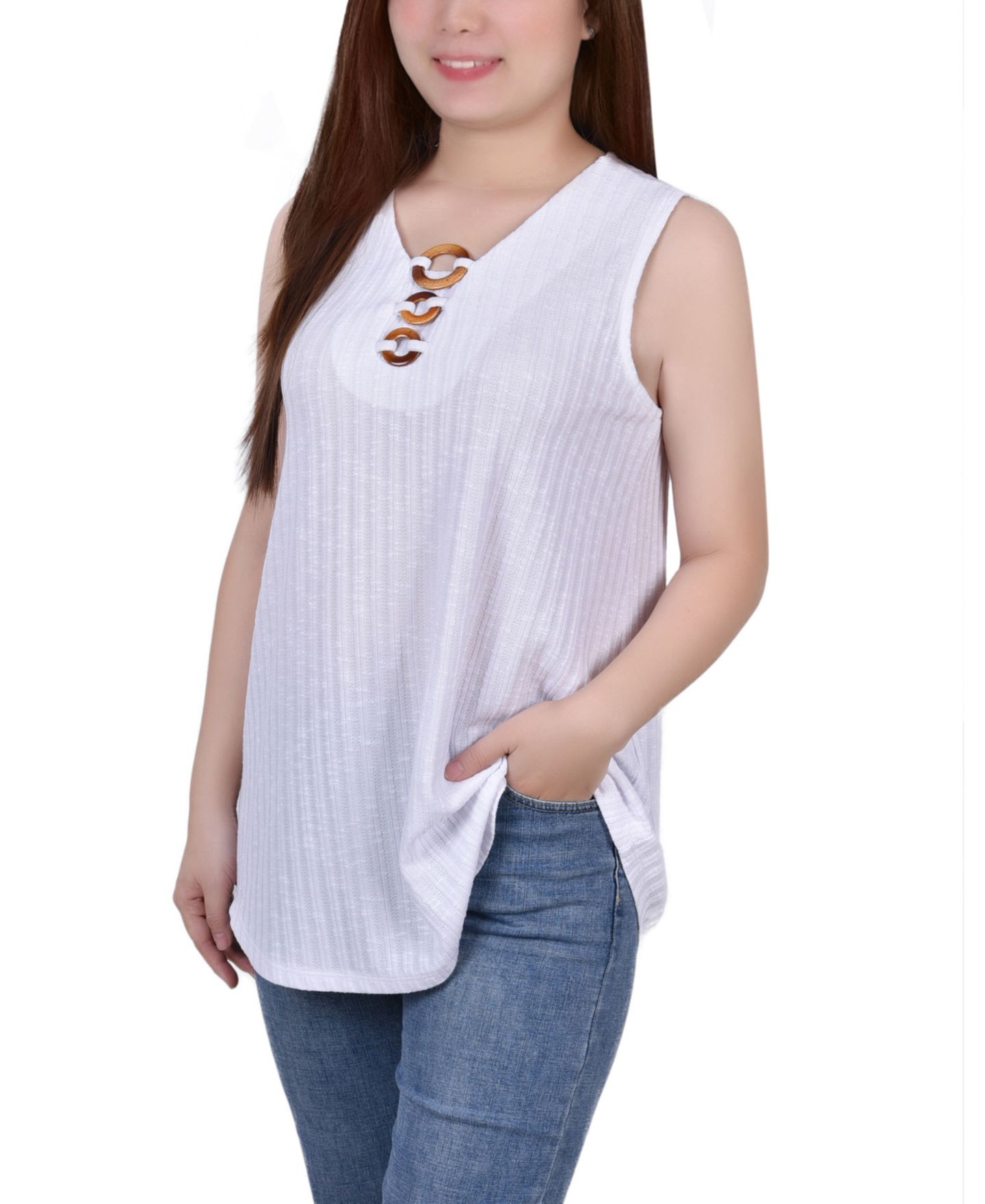 Женский топ NY Collection Petite Size Sleeveless Ribbed with Triple Rings, цвет: Белый — фото 3