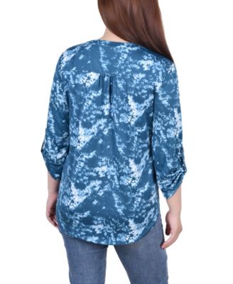 Petite Knit Jacquard 3/4 Sleeve Roll Tab Pintuck Top