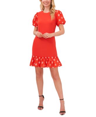CeCe - Women's Embroidered Puff-Sleeve Ruffle Dress