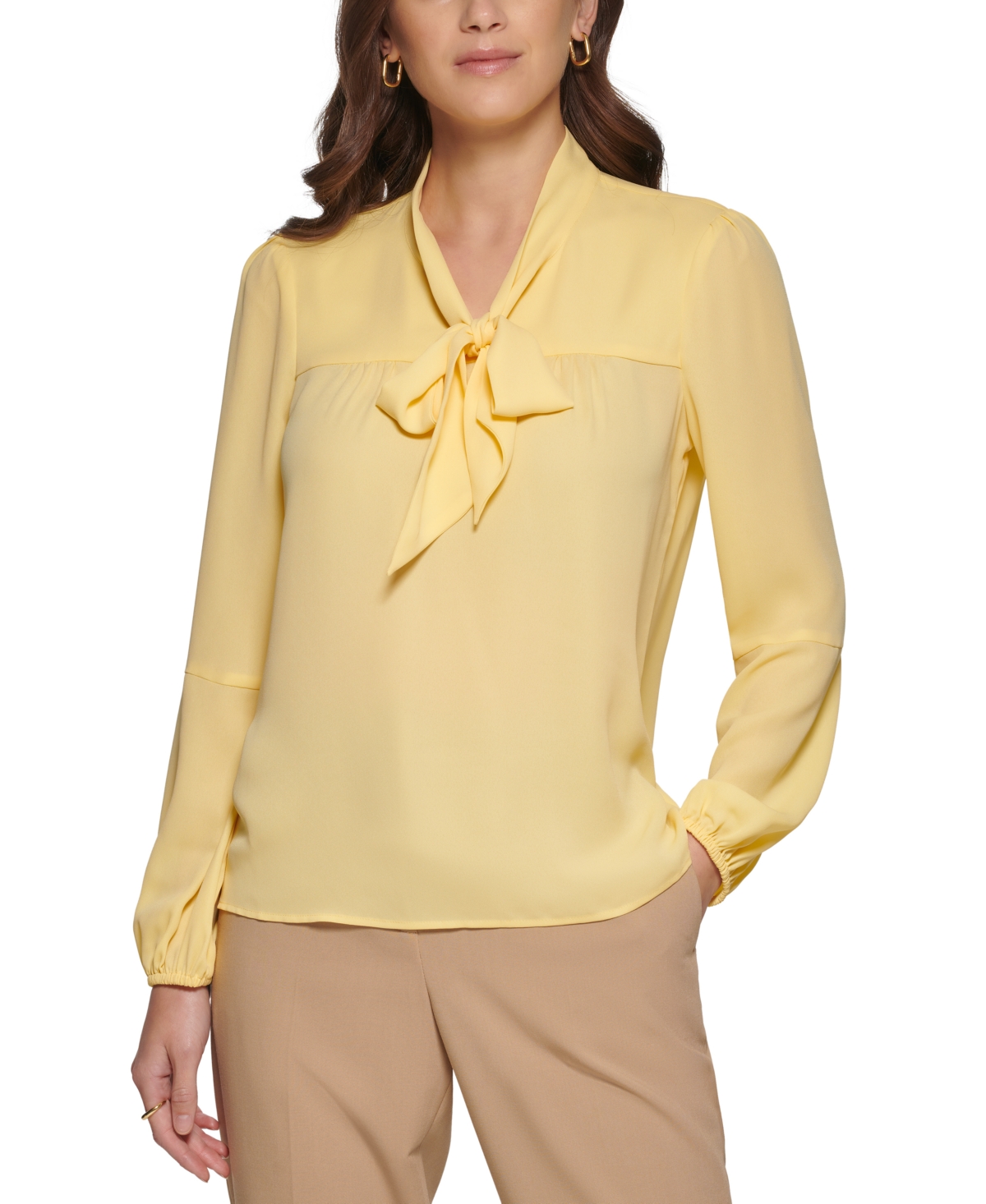 Dkny Petite Long Sleeve Bow Blouse In Dawn