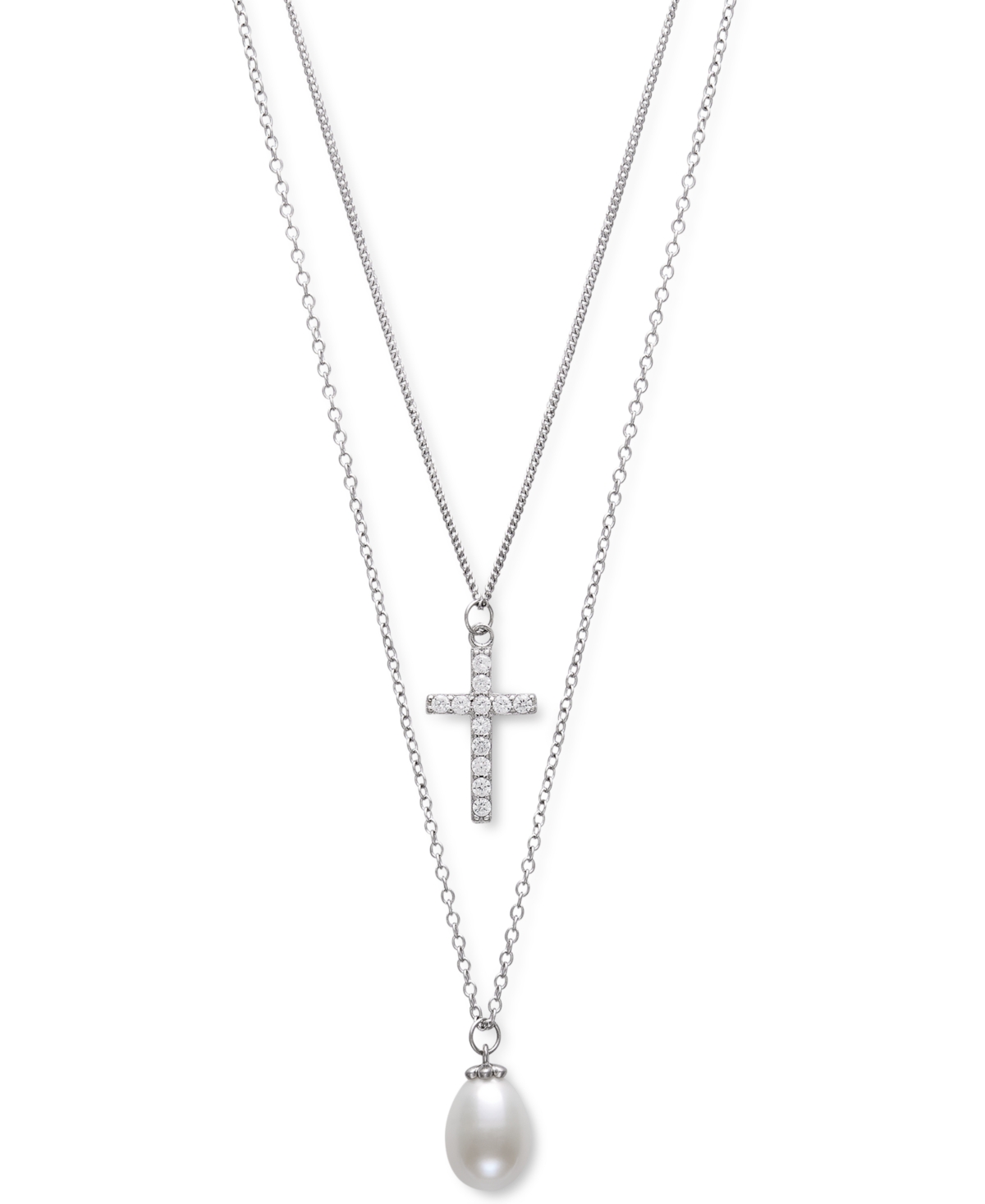 Belle De Mer Cultured Freshwater Pearl (8mm) & Cubic Zirconia Cross Layered Necklace in Sterling Silver, 16" + 1" extender